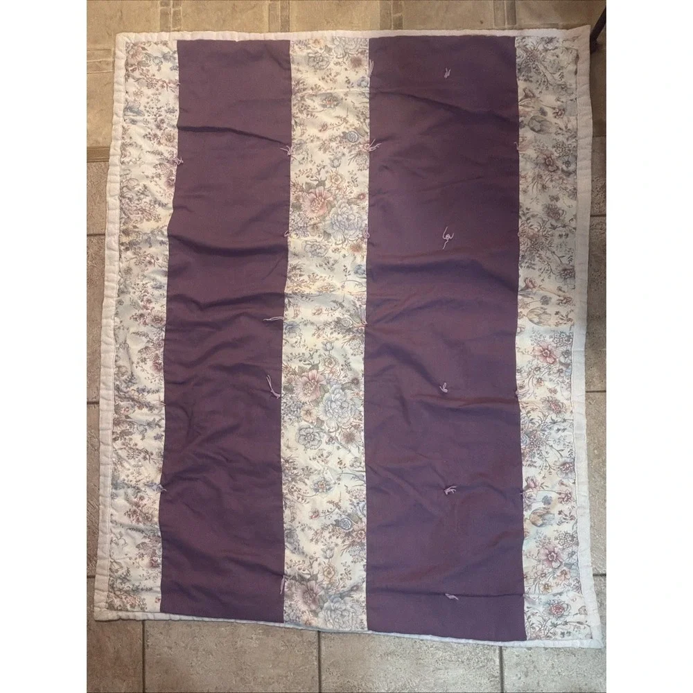 Handmade Tied Quilt Blanket Throw Purple White Floral Striped Reversible Bedding
